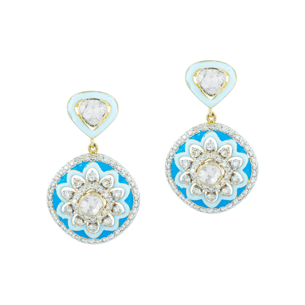 Blue Enamel Flower Polki Earrings with Diamond Halos